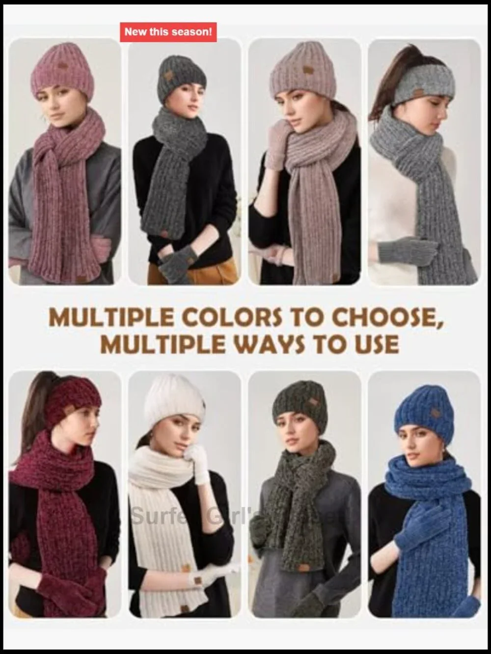 Chenille Winter Hat Scarf Gloves Set, Touchscreen Gloves Fleece Lined Ear